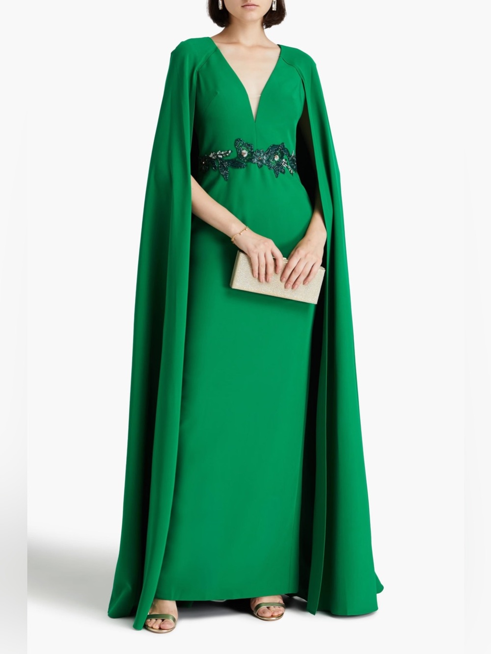 MARCHESA NOTTE Cape-effect embellished crepe gown Green Maxi Dress
